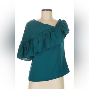 Teal One-Shoulder Ruffle Blouse